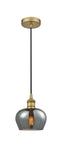 616-1P-BB-G93 Cord Hung 6.5" Brushed Brass Mini Pendant - Plated Smoke Fenton Glass - LED Bulb - Dimmensions: 6.5 x 6.5 x 7.5<br>Minimum Height : 11.25<br>Maximum Height : 129.25 - Sloped Ceiling Compatible: Yes