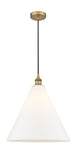 616-1P-BB-GBC-161 1-Light 16" Brushed Brass Pendant - Matte White Cased Edison Cone Glass - LED Bulb - Dimmensions: 16 x 16 x 18.75<br>Minimum Height : 21.75<br>Maximum Height : 138.75 - Sloped Ceiling Compatible: Yes