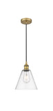 616-1P-BB-GBC-82 Cord Hung 8" Brushed Brass Mini Pendant - Clear Edison Cone Glass - LED Bulb - Dimmensions: 8 x 8 x 11.75<br>Minimum Height : 14.75<br>Maximum Height : 131.75 - Sloped Ceiling Compatible: Yes