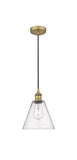 616-1P-BB-GBC-84 Cord Hung 8" Brushed Brass Mini Pendant - Seedy Edison Cone Glass - LED Bulb - Dimmensions: 8 x 8 x 11.75<br>Minimum Height : 14.75<br>Maximum Height : 131.75 - Sloped Ceiling Compatible: Yes