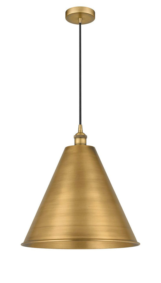 616-1P-BB-MBC-16-BB Cord Hung 16" Brushed Brass Mini Pendant - Matte Black Edison Cone Shade - LED Bulb - Dimmensions: 16 x 16 x 18.75<br>Minimum Height : 21.75<br>Maximum Height : 138.75 - Sloped Ceiling Compatible: Yes