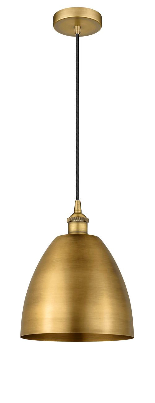 616-1P-BB-MBD-9-BB Cord Hung 9" Brushed Brass Mini Pendant - Matte Black Edison Dome Shade - LED Bulb - Dimmensions: 9 x 9 x 12.875<br>Minimum Height : 15.875<br>Maximum Height : 132.875 - Sloped Ceiling Compatible: Yes