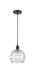 616-1P-BK-G1213-8 Cord Hung 8" Matte Black Mini Pendant - Clear Athens Deco Swirl 8" Glass - LED Bulb - Dimmensions: 8 x 8 x 10<br>Minimum Height : 13.75<br>Maximum Height : 131.75 - Sloped Ceiling Compatible: Yes