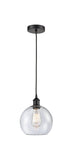 616-1P-BK-G124-8 Cord Hung 8" Matte Black Mini Pendant - Seedy Athens Glass - LED Bulb - Dimmensions: 8 x 8 x 10<br>Minimum Height : 13.75<br>Maximum Height : 131.75 - Sloped Ceiling Compatible: Yes