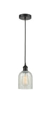 616-1P-BK-G2511 Cord Hung 5" Matte Black Mini Pendant - Mouchette Caledonia Glass - LED Bulb - Dimmensions: 5 x 5 x 10<br>Minimum Height : 12.75<br>Maximum Height : 130.75 - Sloped Ceiling Compatible: Yes