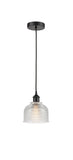 616-1P-BK-G412 Cord Hung 5.5" Matte Black Mini Pendant - Clear Dayton Glass - LED Bulb - Dimmensions: 5.5 x 5.5 x 8.5<br>Minimum Height : 12.75<br>Maximum Height : 130.75 - Sloped Ceiling Compatible: Yes