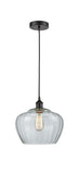 616-1P-BK-G92-L Cord Hung 11" Matte Black Mini Pendant - Large Clear Fenton Glass - LED Bulb - Dimmensions: 11 x 11 x 11<br>Minimum Height : 14.5<br>Maximum Height : 132.5 - Sloped Ceiling Compatible: Yes