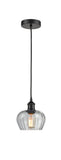 616-1P-BK-G92 Cord Hung 6.5" Matte Black Mini Pendant - Clear Fenton Glass - LED Bulb - Dimmensions: 6.5 x 6.5 x 7.5<br>Minimum Height : 11.25<br>Maximum Height : 129.25 - Sloped Ceiling Compatible: Yes