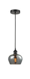 616-1P-BK-G93 Cord Hung 6.5" Matte Black Mini Pendant - Plated Smoke Fenton Glass - LED Bulb - Dimmensions: 6.5 x 6.5 x 7.5<br>Minimum Height : 11.25<br>Maximum Height : 129.25 - Sloped Ceiling Compatible: Yes