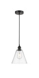 616-1P-BK-GBC-82 Cord Hung 8" Matte Black Mini Pendant - Clear Edison Cone Glass - LED Bulb - Dimmensions: 8 x 8 x 11.75<br>Minimum Height : 14.75<br>Maximum Height : 131.75 - Sloped Ceiling Compatible: Yes