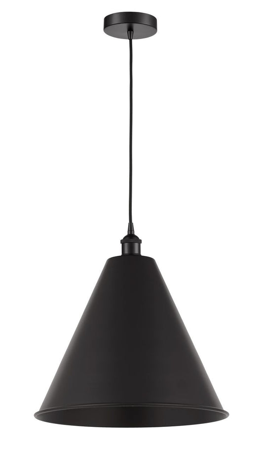 616-1P-BK-MBC-16-BK Cord Hung 16" Matte Black Mini Pendant - Matte Black Edison Cone Shade - LED Bulb - Dimmensions: 16 x 16 x 18.75<br>Minimum Height : 21.75<br>Maximum Height : 138.75 - Sloped Ceiling Compatible: Yes