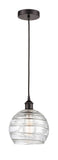 616-1P-OB-G1213-8 Cord Hung 8" Oil Rubbed Bronze Mini Pendant - Clear Athens Deco Swirl 8" Glass - LED Bulb - Dimmensions: 8 x 8 x 10<br>Minimum Height : 13.75<br>Maximum Height : 131.75 - Sloped Ceiling Compatible: Yes
