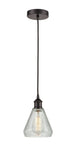 616-1P-OB-G275 Cord Hung 6" Oil Rubbed Bronze Mini Pendant - Clear Crackle Conesus Glass - LED Bulb - Dimmensions: 6 x 6 x 10<br>Minimum Height : 13.75<br>Maximum Height : 131.75 - Sloped Ceiling Compatible: Yes