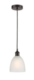 616-1P-OB-G381 Cord Hung 6" Oil Rubbed Bronze Mini Pendant - White Castile Glass - LED Bulb - Dimmensions: 6 x 6 x 9<br>Minimum Height : 12.75<br>Maximum Height : 130.75 - Sloped Ceiling Compatible: Yes