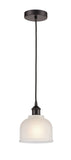 616-1P-OB-G411 Cord Hung 5.5" Oil Rubbed Bronze Mini Pendant - White Dayton Glass - LED Bulb - Dimmensions: 5.5 x 5.5 x 8.5<br>Minimum Height : 12.75<br>Maximum Height : 130.75 - Sloped Ceiling Compatible: Yes