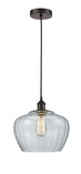 616-1P-OB-G92-L Cord Hung 11" Oil Rubbed Bronze Mini Pendant - Large Clear Fenton Glass - LED Bulb - Dimmensions: 11 x 11 x 11<br>Minimum Height : 14.5<br>Maximum Height : 132.5 - Sloped Ceiling Compatible: Yes