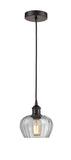 616-1P-OB-G92 Cord Hung 6.5" Oil Rubbed Bronze Mini Pendant - Clear Fenton Glass - LED Bulb - Dimmensions: 6.5 x 6.5 x 7.5<br>Minimum Height : 11.25<br>Maximum Height : 129.25 - Sloped Ceiling Compatible: Yes