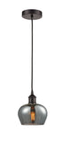 616-1P-OB-G93 Cord Hung 6.5" Oil Rubbed Bronze Mini Pendant - Plated Smoke Fenton Glass - LED Bulb - Dimmensions: 6.5 x 6.5 x 7.5<br>Minimum Height : 11.25<br>Maximum Height : 129.25 - Sloped Ceiling Compatible: Yes