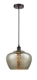 616-1P-OB-G96-L Cord Hung 11" Oil Rubbed Bronze Mini Pendant - Large Mercury Fenton Glass - LED Bulb - Dimmensions: 11 x 11 x 11<br>Minimum Height : 14.5<br>Maximum Height : 132.5 - Sloped Ceiling Compatible: Yes