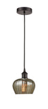 616-1P-OB-G96 Cord Hung 6.5" Oil Rubbed Bronze Mini Pendant - Mercury Fenton Glass - LED Bulb - Dimmensions: 6.5 x 6.5 x 7.5<br>Minimum Height : 11.25<br>Maximum Height : 129.25 - Sloped Ceiling Compatible: Yes