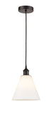 616-1P-OB-GBC-81 Cord Hung 8" Oil Rubbed Bronze Mini Pendant - Matte White Cased Edison Cone Glass - LED Bulb - Dimmensions: 8 x 8 x 11.75<br>Minimum Height : 14.75<br>Maximum Height : 131.75 - Sloped Ceiling Compatible: Yes