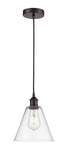 616-1P-OB-GBC-82 Cord Hung 8" Oil Rubbed Bronze Mini Pendant - Clear Edison Cone Glass - LED Bulb - Dimmensions: 8 x 8 x 11.75<br>Minimum Height : 14.75<br>Maximum Height : 131.75 - Sloped Ceiling Compatible: Yes