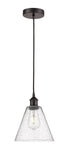 616-1P-OB-GBC-84 Cord Hung 8" Oil Rubbed Bronze Mini Pendant - Seedy Edison Cone Glass - LED Bulb - Dimmensions: 8 x 8 x 11.75<br>Minimum Height : 14.75<br>Maximum Height : 131.75 - Sloped Ceiling Compatible: Yes