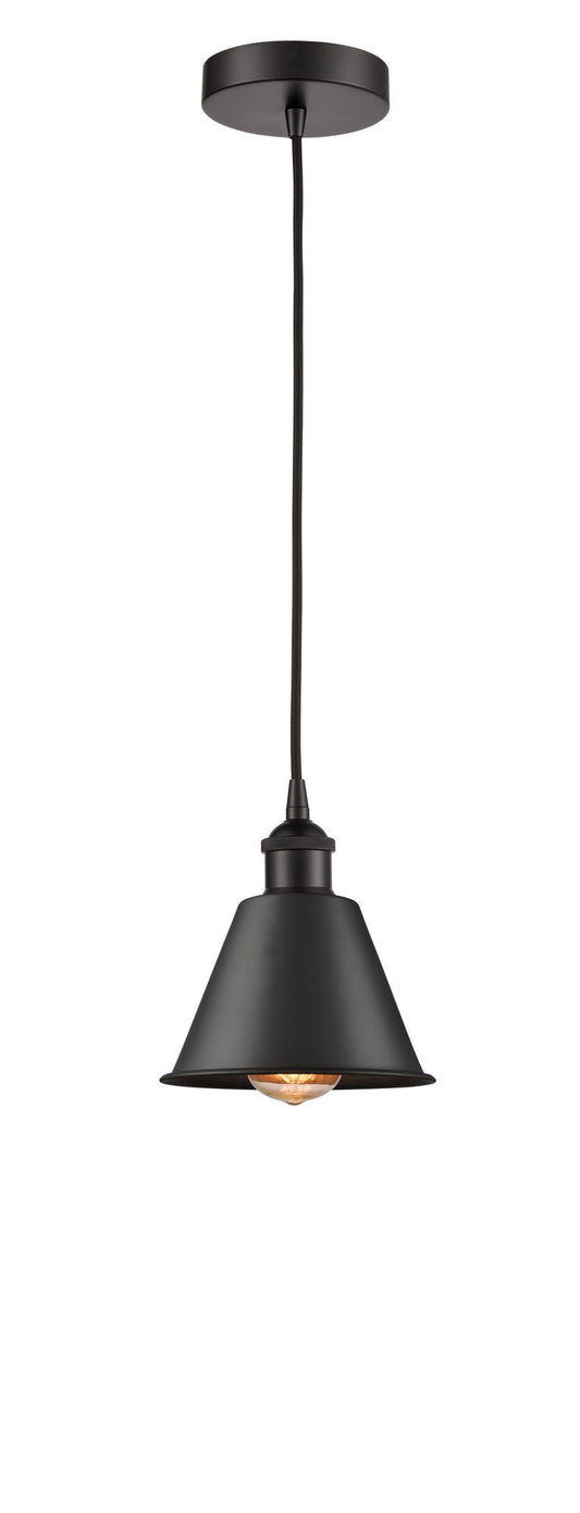 616-1P-OB-M8 Cord Hung 7" Oil Rubbed Bronze Mini Pendant - Oil Rubbed Bronze Smithfield Shade - LED Bulb - Dimmensions: 7 x 7 x 7.5<br>Minimum Height : 12.75<br>Maximum Height : 130.75 - Sloped Ceiling Compatible: Yes