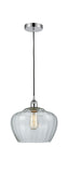 616-1P-PC-G92-L Cord Hung 11" Polished Chrome Mini Pendant - Large Clear Fenton Glass - LED Bulb - Dimmensions: 11 x 11 x 11<br>Minimum Height : 14.5<br>Maximum Height : 132.5 - Sloped Ceiling Compatible: Yes