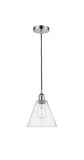 616-1P-PC-GBC-84 Cord Hung 8" Polished Chrome Mini Pendant - Seedy Edison Cone Glass - LED Bulb - Dimmensions: 8 x 8 x 11.75<br>Minimum Height : 14.75<br>Maximum Height : 131.75 - Sloped Ceiling Compatible: Yes