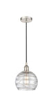 616-1P-PN-G1213-8 Cord Hung 8" Polished Nickel Mini Pendant - Clear Athens Deco Swirl 8" Glass - LED Bulb - Dimmensions: 8 x 8 x 10<br>Minimum Height : 13.75<br>Maximum Height : 131.75 - Sloped Ceiling Compatible: Yes