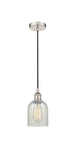 616-1P-PN-G2511 Cord Hung 5" Polished Nickel Mini Pendant - Mouchette Caledonia Glass - LED Bulb - Dimmensions: 5 x 5 x 10<br>Minimum Height : 12.75<br>Maximum Height : 130.75 - Sloped Ceiling Compatible: Yes