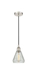 616-1P-PN-G275 Cord Hung 6" Polished Nickel Mini Pendant - Clear Crackle Conesus Glass - LED Bulb - Dimmensions: 6 x 6 x 10<br>Minimum Height : 13.75<br>Maximum Height : 131.75 - Sloped Ceiling Compatible: Yes