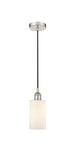 616-1P-PN-G801 Cord Hung 3.875" Polished Nickel Mini Pendant - Matte White Clymer Glass - LED Bulb - Dimmensions: 3.875 x 3.875 x 10<br>Minimum Height : 12.75<br>Maximum Height : 130.75 - Sloped Ceiling Compatible: Yes