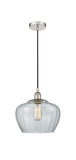 616-1P-PN-G92-L Cord Hung 11" Polished Nickel Mini Pendant - Large Clear Fenton Glass - LED Bulb - Dimmensions: 11 x 11 x 11<br>Minimum Height : 14.5<br>Maximum Height : 132.5 - Sloped Ceiling Compatible: Yes