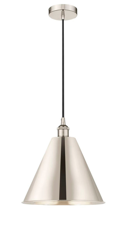 616-1P-PN-MBC-12-PN Cord Hung 12" Polished Nickel Mini Pendant - Polished Nickel Edison Cone Shade - LED Bulb - Dimmensions: 12 x 12 x 14.75<br>Minimum Height : 17.75<br>Maximum Height : 134.75 - Sloped Ceiling Compatible: Yes