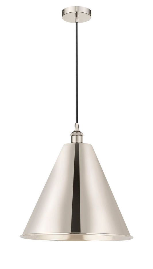 616-1P-PN-MBC-16-PN Cord Hung 16" Polished Nickel Mini Pendant - Polished Nickel Edison Cone Shade - LED Bulb - Dimmensions: 16 x 16 x 18.75<br>Minimum Height : 21.75<br>Maximum Height : 138.75 - Sloped Ceiling Compatible: Yes