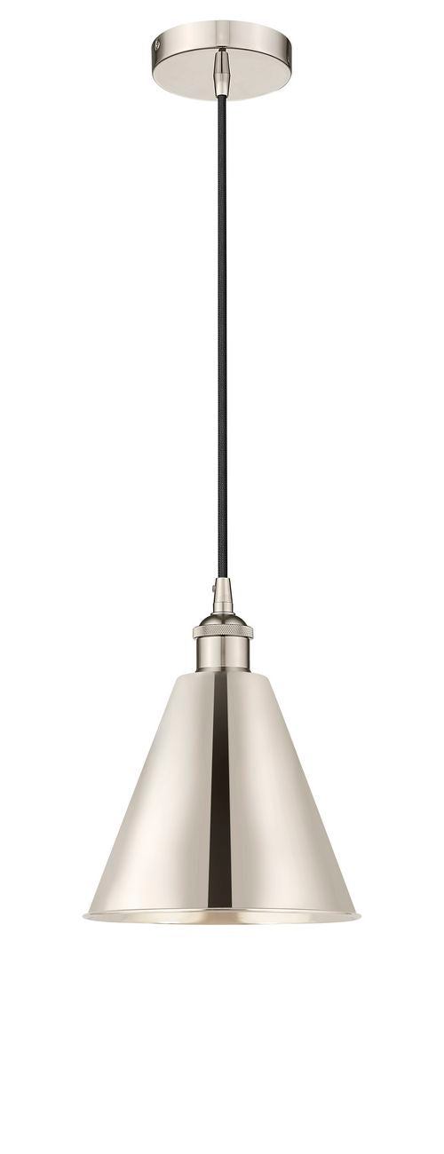 616-1P-PN-MBC-8-PN Cord Hung 8" Polished Nickel Mini Pendant - Polished Nickel Edison Cone Shade - LED Bulb - Dimmensions: 8 x 8 x 11.75<br>Minimum Height : 14.75<br>Maximum Height : 131.75 - Sloped Ceiling Compatible: Yes