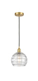 616-1P-SG-G1213-8 Cord Hung 8" Satin Gold Mini Pendant - Clear Athens Deco Swirl 8" Glass - LED Bulb - Dimmensions: 8 x 8 x 10<br>Minimum Height : 13.75<br>Maximum Height : 131.75 - Sloped Ceiling Compatible: Yes