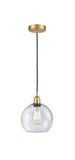 616-1P-SG-G124-8 Cord Hung 8" Satin Gold Mini Pendant - Seedy Athens Glass - LED Bulb - Dimmensions: 8 x 8 x 10<br>Minimum Height : 13.75<br>Maximum Height : 131.75 - Sloped Ceiling Compatible: Yes