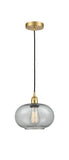 616-1P-SG-G247 Cord Hung 9.5" Satin Gold Mini Pendant - Charcoal Gorham Glass - LED Bulb - Dimmensions: 9.5 x 9.5 x 11<br>Minimum Height : 13.75<br>Maximum Height : 131.75 - Sloped Ceiling Compatible: Yes