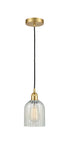 616-1P-SG-G2511 Cord Hung 5" Satin Gold Mini Pendant - Mouchette Caledonia Glass - LED Bulb - Dimmensions: 5 x 5 x 10<br>Minimum Height : 12.75<br>Maximum Height : 130.75 - Sloped Ceiling Compatible: Yes