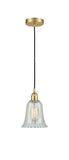 616-1P-SG-G2811 Cord Hung 6.25" Satin Gold Mini Pendant - Mouchette Hanover Glass - LED Bulb - Dimmensions: 6.25 x 6.25 x 12<br>Minimum Height : 14.75<br>Maximum Height : 132.75 - Sloped Ceiling Compatible: Yes