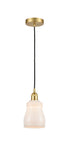616-1P-SG-G391 Cord Hung 4.5" Satin Gold Mini Pendant - White Ellery Glass - LED Bulb - Dimmensions: 4.5 x 4.5 x 8<br>Minimum Height : 12.75<br>Maximum Height : 130.75 - Sloped Ceiling Compatible: Yes