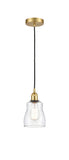616-1P-SG-G392 Cord Hung 4.5" Satin Gold Mini Pendant - Clear Ellery Glass - LED Bulb - Dimmensions: 4.5 x 4.5 x 8<br>Minimum Height : 12.75<br>Maximum Height : 130.75 - Sloped Ceiling Compatible: Yes