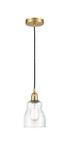 616-1P-SG-G394 Cord Hung 4.5" Satin Gold Mini Pendant - Seedy Ellery Glass - LED Bulb - Dimmensions: 4.5 x 4.5 x 8<br>Minimum Height : 12.75<br>Maximum Height : 130.75 - Sloped Ceiling Compatible: Yes