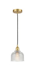 616-1P-SG-G412 Cord Hung 5.5" Satin Gold Mini Pendant - Clear Dayton Glass - LED Bulb - Dimmensions: 5.5 x 5.5 x 8.5<br>Minimum Height : 12.75<br>Maximum Height : 130.75 - Sloped Ceiling Compatible: Yes