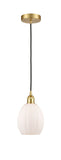 616-1P-SG-G81 Cord Hung 6" Satin Gold Mini Pendant - Matte White Eaton Glass - LED Bulb - Dimmensions: 6 x 6 x 9.5<br>Minimum Height : 13.75<br>Maximum Height : 131.75 - Sloped Ceiling Compatible: Yes