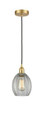 616-1P-SG-G82 Cord Hung 6" Satin Gold Mini Pendant - Clear Eaton Glass - LED Bulb - Dimmensions: 6 x 6 x 9.5<br>Minimum Height : 13.75<br>Maximum Height : 131.75 - Sloped Ceiling Compatible: Yes