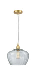 616-1P-SG-G92-L Cord Hung 11" Satin Gold Mini Pendant - Large Clear Fenton Glass - LED Bulb - Dimmensions: 11 x 11 x 11<br>Minimum Height : 14.5<br>Maximum Height : 132.5 - Sloped Ceiling Compatible: Yes